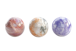 Three polished stone spheres, each with distinct marbled patterns in shades of pink, orange, and purple, arranged in a row on a transparent background. png