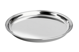 Shiny stainless steel round tray with reflective surface, useful for serving food or as a decorative centerpiece in various settings. png