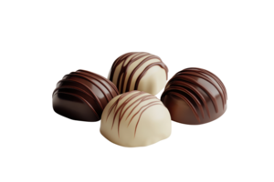 Assorted gourmet chocolates on a plain background, showcasing various flavors and delicate designs, perfect for dessert and confectionery themes. png