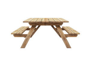 A wooden picnic table with benches, perfect for outdoor gatherings, showcasing a rustic design suitable for parks, gardens, and patios. png