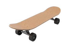 A modern, blank wooden skateboard with black wheels, perfect for skaters and extreme sports enthusiasts. Ready for customization and tricks. png