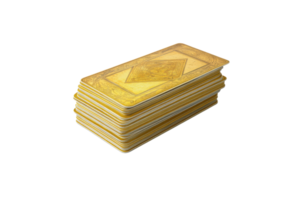 A stack of golden tarot cards, arranged neatly against a transparent background. perfect for divination and spiritual insight. png