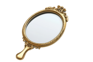 Elegant vintage hand mirror with intricate gold frame. Perfect for adding a touch of antique charm to any vanity or dressing table. png