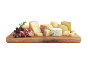 A variety of cheeses and charcuterie on a wooden board, perfect for gourmet entertaining and creating a sophisticated and delicious spread. png