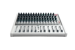 Close-up image of a professional electronic music synthesizer and mixer with knobs and sliders for sound production and audio technology. png