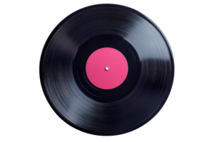 Close up of a vintage vinyl record with a pink center on a transparent background. Classic music medium showcasing retro audio technology. png