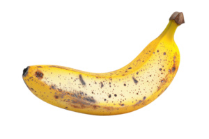 Close-up of a ripe, slightly overripe banana with brown spots on the peel, isolated on a transparent background. png