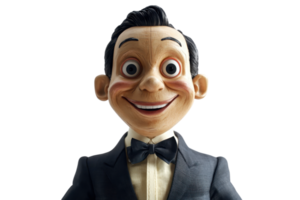 Close-up view of a smiling ventriloquist dummy in a formal suit and bow tie, isolated on a transparent background. png