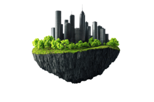 Floating island with modern cityscape and greenery, representing urbanization and nature balance. Unique and imaginative concept art. png