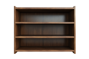 Empty wooden bookshelf with three shelves, suitable for organizing books and decor, isolated on a transparent background. png