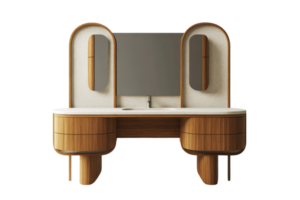 Modern double vanity with mirrors and storage, wood and white design, isolated on transparent background. perfect for contemporary bathrooms. png