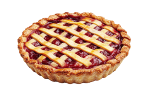 Delicious homemade cherry pie with a beautifully crafted lattice crust, showcasing vibrant red cherry filling on a transparent background. png