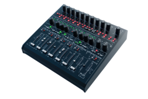 Professional audio mixing console with knobs and sliders on a transparent background. perfect for music production and sound engineering. png