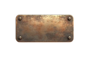 Rustic blank metal nameplate with screws isolated on transparent background. Perfect for graphic design or industrial themed projects. png