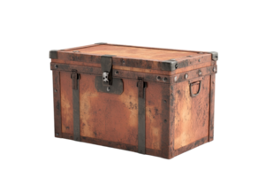Rustic vintage chest with metal accents and a lock, perfect for storage or as a decorative piece. Antique box with a weathered look. png