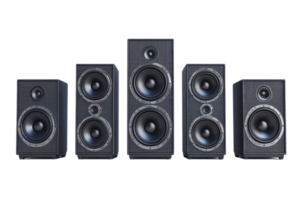 Set of five black speakers arranged in a row, perfect for home audio systems, delivering high-quality sound for an immersive listening experience. png