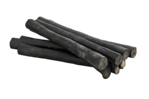 A close-up of several pieces of natural, black wood charcoal sticks used for grilling, cooking, or art purposes, isolated on a transparent background. png