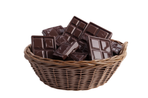Basket filled with assorted dark chocolate bars, isolated on white. Perfect for dessert, gift, and gourmet themes. png