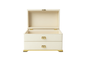 Elegant white jewelry box with two drawers and an open lid, perfect for storing valuable accessories and keepsakes. png