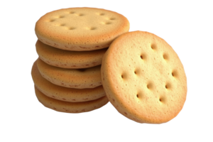 Stack of tasty golden brown round biscuits with holes, isolated on transparent background. Perfect for snack and bakery concepts. png