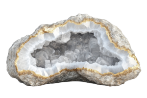 Close-up of a beautiful geode with sparkling crystals and a rough outer surface. Perfect for mineral enthusiasts and decorative purposes. png