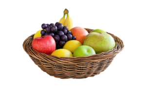 A wicker basket filled with a colorful assortment of fresh fruits including bananas, grapes, apples, and pears, isolated on a transparent background. png