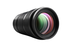 Close-up of a professional camera lens with multi-coated optics. Ideal for photography enthusiasts and professionals. png