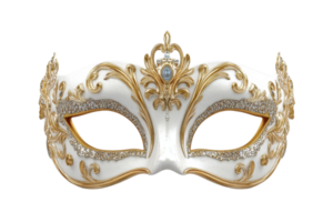 Elegant Venetian masquerade mask with intricate gold detailing and white base. Perfect for parties, events, and costume occasions. png