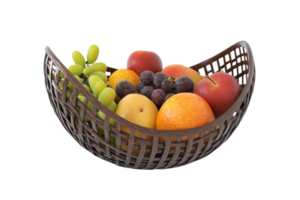 A decorative wooden basket filled with fresh assorted fruits including grapes, apples, oranges, and a pear on a transparent background. png
