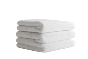 Stack of three clean, white towels isolated on a transparent background. Perfect for home, spa, or hotel use. High-quality and fluffy texture. png