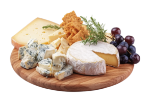 Assorted cheeses, crackers, and grapes on a wooden board. Perfect for appetizers, wine pairing, and gourmet presentations. png