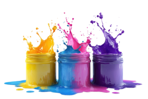 Bright colored paints splashing out from glass jars, creating a vibrant and artistic scene perfect for creative and design projects. png