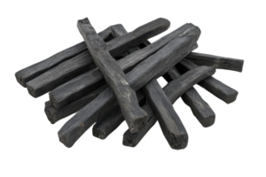 Close-up image of natural charcoal sticks in a pile, ideal for grilling, cooking, or creating rustic art or decor pieces. png