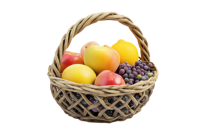 Wicker basket filled with assorted fresh fruits including apples, mangoes, and grapes. Perfect for a natural and healthy food display. png