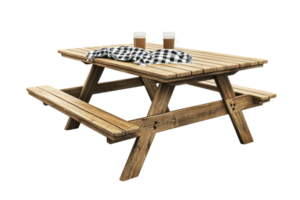 Wooden picnic table with two drinks and checkered cloth. Ideal for outdoor dining, picnics, and gatherings in parks or backyards. png