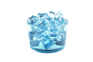 A clear glass bowl filled with crystal clear ice cubes, showcasing the pristine and refreshing nature of the ice on a transparent background. png