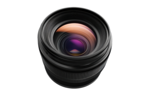 Close-up of a professional camera lens with a vibrant reflection, ideal for photography articles, blogs, and marketing materials. png