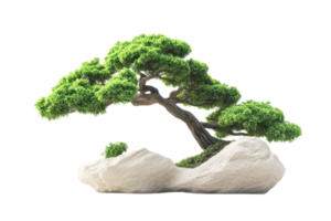 Serene bonsai tree with lush green foliage, perched on a smooth rock base, perfect for relaxing, zen, and tranquil settings. png