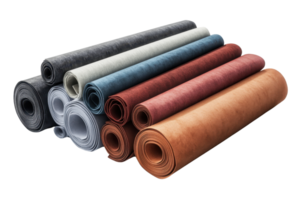 Colorful rolls of fabric materials stacked together, perfect for crafting and DIY projects. Various textures and colors for diverse applications. png