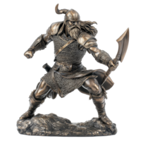 Viking warrior statue in battle stance showcasing detailed armor and fierce expression against a transparent background, Viking Warrior Statue in Battle Stance on transparent background png