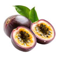 Fresh passionfruit halves with vibrant yellow pulp and green leaves on a transparent background, passionfruit isolated on transparent background png