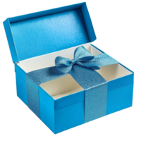 Bright blue open gift box with a shiny ribbon against a clean transparent background, Blue color open gift box isolated on transparent background png