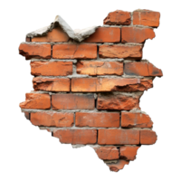 Collapsed weathered red brick wall showing extensive cracks and deterioration over time, Ruined, collapsed, cracked, or broken weathered red brick wall transparent background png