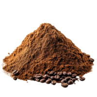 Freshly ground coffee powder piled high with whole beans scattered over a transparent background, Pile of fresh ground coffee powder isolated on transparent background png