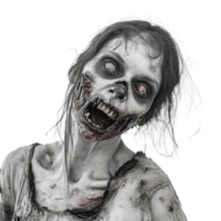 Terrifying female zombie with haunting eyes and grotesque features on a stark transparent background, Terrifying Female Zombie on transparent background png