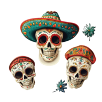 Decorative skulls adorned with colorful Mexican hats against a bright transparent background, Decorative Skulls with Mexican Hats on transparent background Dia de los muertos concept png
