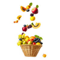 Fresh fruits cascade from above into a woven basket on a transparent background, creating a vibrant display of color, Fresh fruits falling from above in a basket on a transparent background png