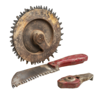 Rusty saw blade and hand tools on wooden surface, ready for woodworking tasks and home improvement projects, Saw blade with work tools isolated png