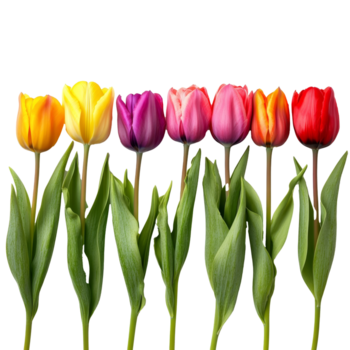 un' vivace riga di colorato tulipano fiori isolato su un' pulito sfondo, in mostra il bellezza di primavera fiorisce, riga di colorato tulipano fiori, file di isolato oggetto su trasparente sfondo png
