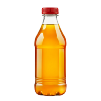 Fresh apple juice in a clear plastic bottle with a red cap against a transparent background, Bottle of apple juice isolated png